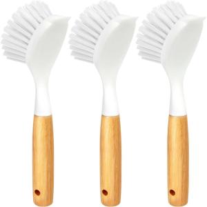 imageHolikme 3 Pack Dish Brush Set with Bamboo Handle Kitchen Brushes for Cleaning Pot Sink and Stove Skillet Scrubber with Tough Bristles for Cast Iron Grill Pan Yellow White BlackBlanco