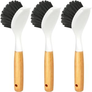 imageHolikme 3 Pack Dish Brush Set with Bamboo Handle Kitchen Brushes for Cleaning Pot Sink and Stove Skillet Scrubber with Tough Bristles for Cast Iron Grill Pan Yellow White BlackDark Gray
