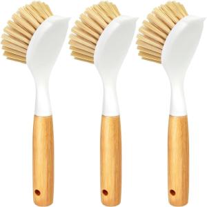 imageHolikme 3 Pack Dish Brush Set with Bamboo Handle Kitchen Brushes for Cleaning Pot Sink and Stove Skillet Scrubber with Tough Bristles for Cast Iron Grill Pan Yellow White BlackYellow