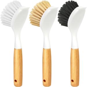 imageHolikme 3 Pack Dish Brush Set with Bamboo Handle Kitchen Brushes for Cleaning Pot Sink and Stove Skillet Scrubber with Tough Bristles for Cast Iron Grill Pan Yellow White BlackWhite