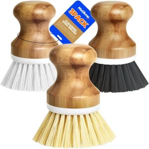 imageHolikme 3 Pack Dish Brushes Palm Brush Dish Scrubber Bamboo Round Natural Scrub Brush Cleaning Kit for Cleaning Saucepans Pots Pans and Vegetables White ampamp Yellow ampamp Black