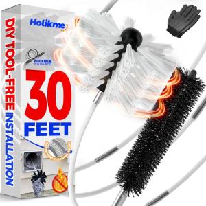 imageHolikme 30 Feet Dryer Vent Cleaner Kit Flexible Lint Brush with Drill Attachment Fireplace Chimney Brushes Extends Up to 30 Feet for Easy Cleaning Use with or Without a Power DrillWhite