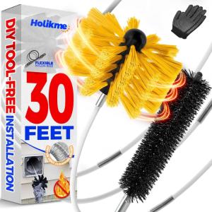 imageHolikme 30 Feet Dryer Vent Cleaner Kit Flexible Lint Brush with Drill Attachment Fireplace Chimney Brushes Extends Up to 30 Feet for Easy Cleaning Use with or Without a Power DrillYellow