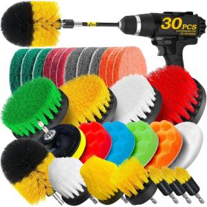 imageHolikme 30Pack Drill Brush Attachments SetScrub Pads ampamp Sponge Power Scrubber Brush with Extend Long Attachment All Purpose Clean for Grout Tiles Sinks Car Polishing PadsYellow