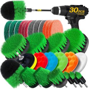 imageHolikme 30Pack Drill Brush Attachments SetScrub Pads ampamp Sponge Power Scrubber Brush with Extend Long Attachment All Purpose Clean for Grout Tiles Sinks Car Polishing PadsGreen