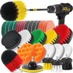imageHolikme 33piece Drill Brush Attachments Set Scrub Pads Sponge Power Scrubber Brush with Rotate Extend Long Attachment All purpose Clean for Grout Tiles Sinks Bathtub Bathroom Kitchen Automobile