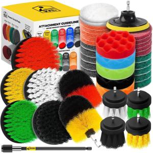 imageHolikme 40 Piece Drill Brush Attachment Set Scrub Pads Scouring Pads Power Scrubber Brush with Extend Long Attachment All Purpose Clean for Car DetailingGrout Tiles Bathroom Kitchen