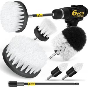 imageHolikme 6Pack Drill Brush Power Scrubber Cleaning Brush Extended Long Attachment Set All Purpose Drill Scrub Brushes Kit for Grout Floor Tub Shower Tile Bathroom and Kitchen SurfaceYellowWhite
